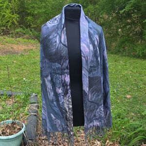 Grey Blue Abstract Print Fringe Shawl Wrap